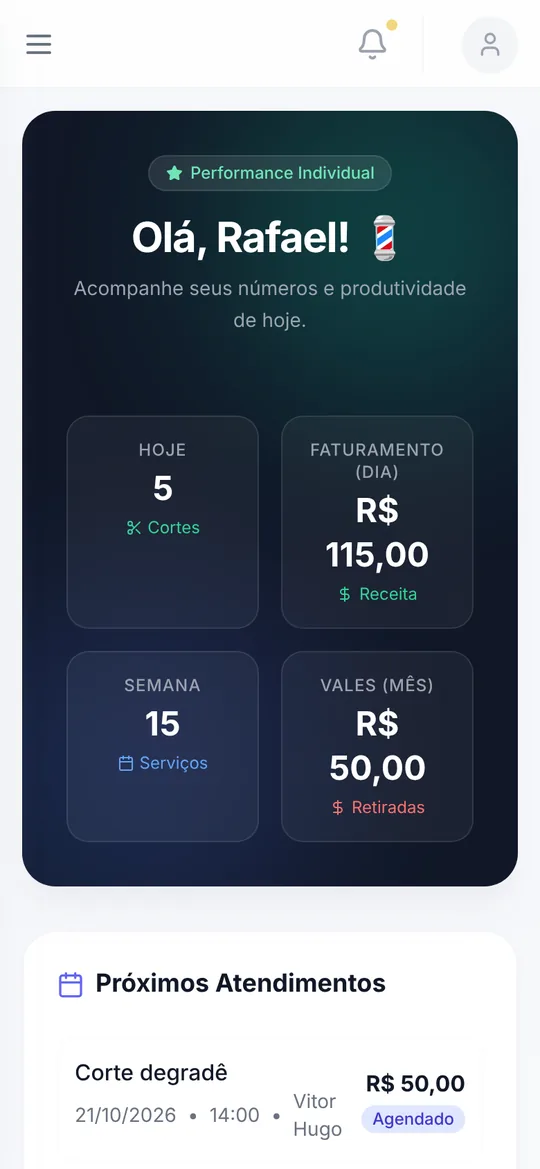 Painel do barbeiro no celular com os atendimentos e o faturamento do dia